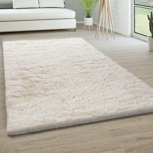 Paco Home Tapis De Salon Poils Longs Fausse Fourrure Shaggy Moelleux Monochrome, Dimension:140x200 cm, Couleur:Ivoire (Crème)