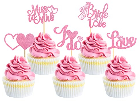 Blumomon 30Pc Bride to Be Cupcake Toppers Glitter Bow Tie Lip Princess Love You Bridal Shower Cupcake Picks for Wedding Engagement Bachelorette Cake Decorations Supplies Pink