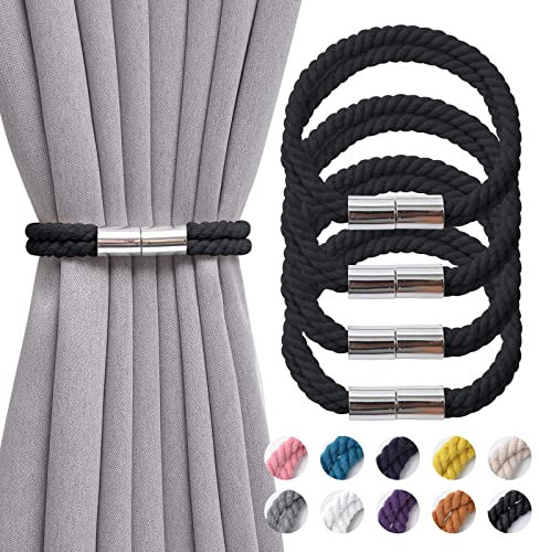 Pretty Jolly 4 Stück starke magnetische Vorhang-Raffhalter, Boho-Dekoration, Vorhang-Raffhalter, natürliche Baumwolle, Raffhalter für dünne oder dicke Zuhause und Büro, Fenstervorhänge (schwarz)
