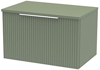 Hudson Reed DFF894W Fluted Modern Bathroom Wall Hung 1 Drawer Vanity Unit with Colour Match Worktop, 600mm, Satin Green