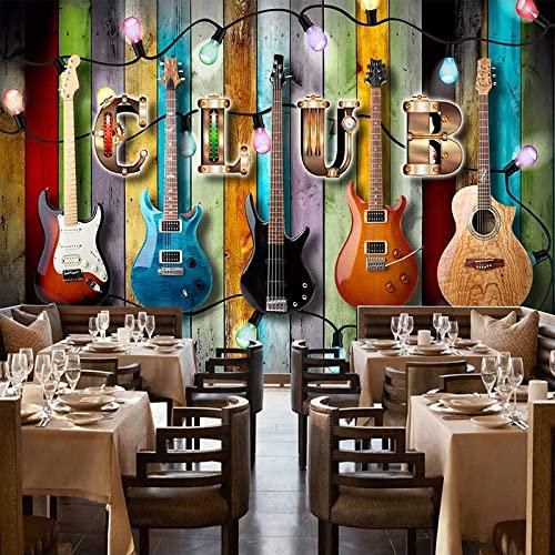 Wallpaper Bedroom Kids Boys 3D Wallpaper Mural Colorful Wood Grain Guitar Music Doodle Self-Adhesive Kids Teens Room 3D Poster Photo Wall Decoration Themed Room Playroom 98 W X 68 L