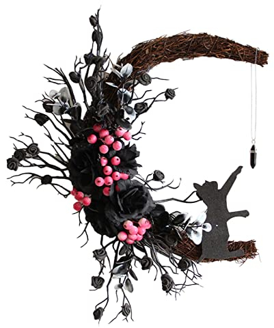 Halloween Deko Blumenkranz zum Aufhängen,Mond Katzenkranz Dekoration Ganzjährig Kranz,Türkranz Ganzjährig Dekoration,Wanddekoration Wandkunst Festliche Deko Girlanden (Schwarz, 25x30cm)