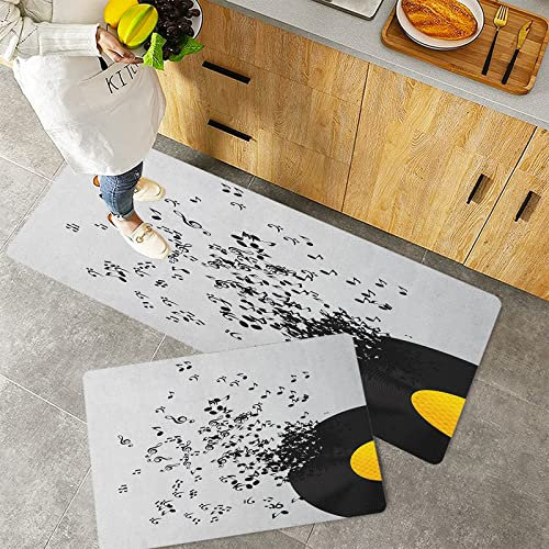 Küchenteppich Teppich Läufer Küchenläufer 2 Stück,Musik, abstraktes Design, fliegende Musiknoten, Disc-Album, Tanzen, Nachtclub, Druck, Elfenbein,,Rutschfest waschbar für Flur Küche 40x60 cm+40x120 cm