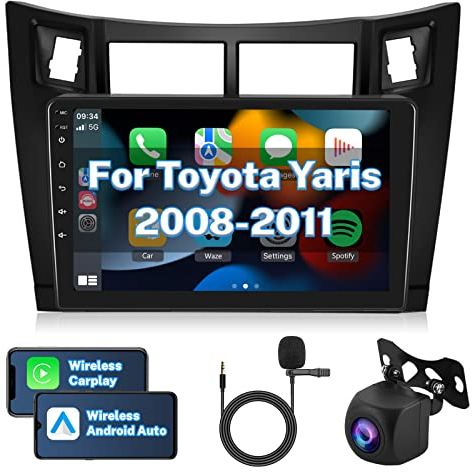Hodozzy Android Autoradio für Toyota Yaris 2005-2011 Carplay Wireless Android Auto, Radio 9 Zoll Touchscreen 2 Din Autoradio Bluetooth GPS Navigation WiFi FM RDS Lenkradsteuerung AHD Rückfahrkamera
