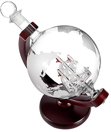 fikujap Decanter di Globo di Vetro con Supporto in Legno di ciliegio, Elegante Bottiglia di Decanter, 850 ml