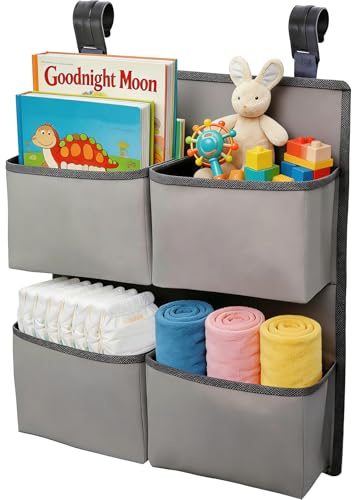 KIKJOK Wickel-Organizer zum Aufhängen für Kinderbett/Laufstall/Stubenwagen – für 80+ Windeln – 4 tiefe Taschen – H 48 cm x L 38 cm in Wickeltisch-Windelhalter – Hängender Windelstapler Kinderzimmer