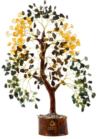 ANAYA AGATE Money Wealth Crystal Tree Set with Tree of Life Citrine, Pyrite, Tiger Eye & Green Aventurine, Chakra Healing Gemstone Trees for Prosperity, Success, Good Luck & Positive Energy
