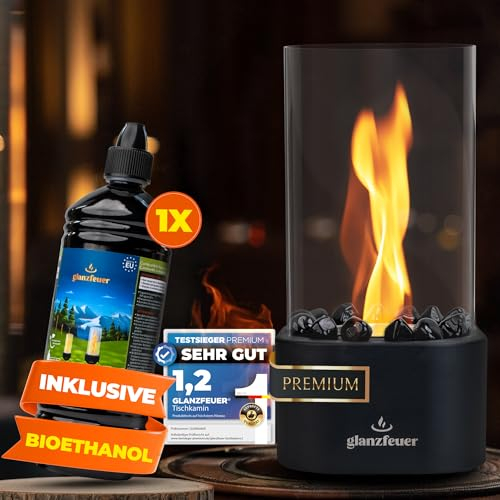 Glanzfeuer Bioethanol Tischkamin Outdoor & Indoor inkl. Bio Ethanol - Extra Lange Brenndauer - Tischfeuer Deko - Tisch Kamin Feuer Set - Garten & Deko Geschenk