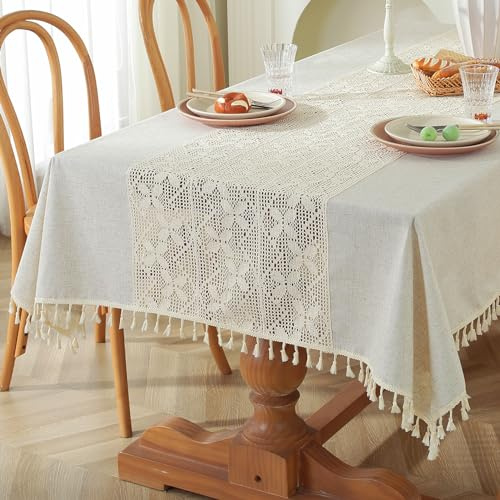 meioro Gehäkelte Tischdecke, 140x180cm Rechteckig Tischdecken, Spitze Boho Tischtuch Modern Beige Hochzeit Tischwäsche, Vintage Tassel Tafeldecke für Küche Essen Drinnen Urlaub Party Tischdeko