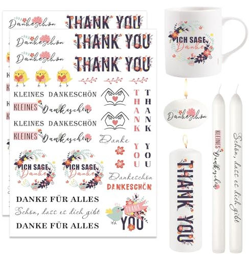 Ronoza® 2 Stück Kerzentattoos Danke, Kerzentattoo, Kerzenfolie, Rub on Sticker, Wasserschiebefolie, Kerzen Tattoos, Kerzenaufkleber, DIY Geschenk, 30x20cm Danke Kerzentattoos Erzieherin (Danke A)