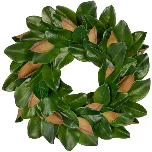 Arborus Kranz Künstlicher Magnolienkranz 60 cm Türkranz Wandkranz Künstlich Dekokranz Grün Magnolie Kunstpflanzen Tisch Kamin Deko Sommer Winter Deko Wohnzimmer Schlafzimmer