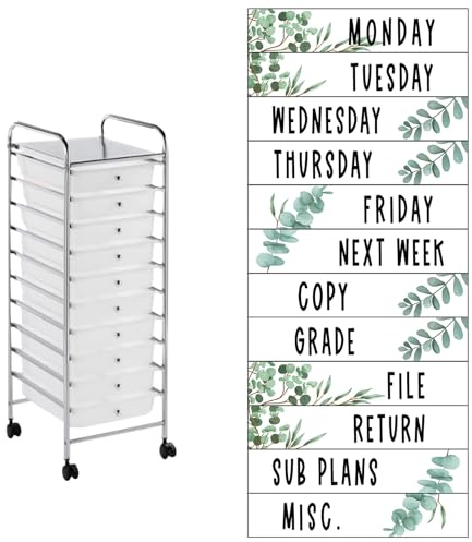 YIXAXKAO 12 Pieces Rolling Storage Cart Labels 10 Drawer Rolling Cart Labels Eucalyptus Classroom Decor for Teacher Office School Classroom Organization