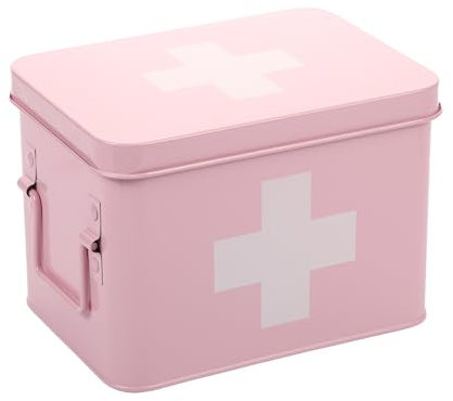 Lassos Boutique Erste-Hilfe-Kasten im Retro-Stil, emailliert, für Medikamentenaufbewahrung und Heimdekoration, mit Deckel und herausnehmbarem Tablett (Rosa/Weiß)