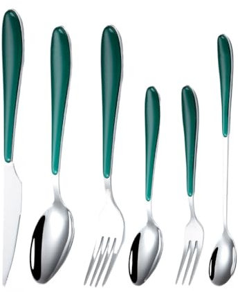 Plastic Clamp Handle Kitchen Stainless Steel Silverware Tableware Flatware Cutlery Set Steak Knife Fork Spoon Teaspoon (Green,6 pieces)