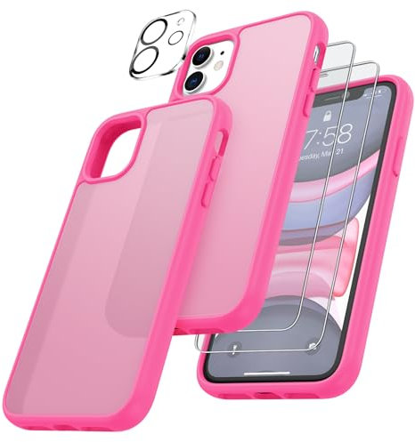 FLLAO 4 en 1 Funda para iPhone 11 con 2 Protector Pantalla y 1 Protector Lente Cámara, [Almohadilla de Aire integrada] Antigolpes Antiarañazos Carcasa 6,1 Pulgadas, Rosa Brillante