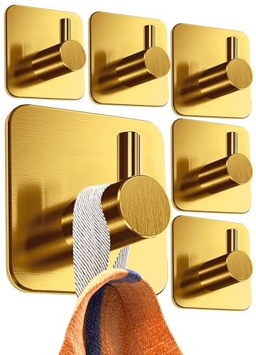 4smile Handtuchhalter ohne Bohren, 6er Set, Gold - Badezimmer Handtuchhalter aus Edelstahl, funktionale Klebehaken, hohe Tragkraft - Wasserfeste Haken für Bad, Haken selbstklebend, Handtuchhaken