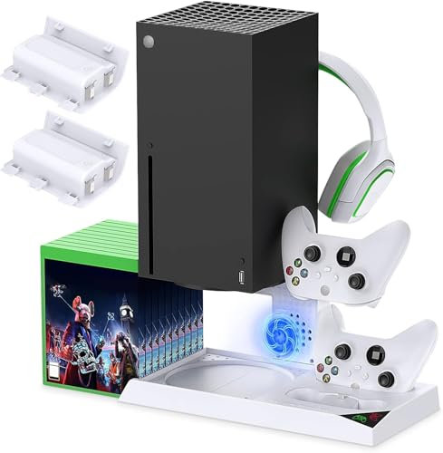 YUANHOT Vertical Cooling Stand, Charging Pad for Xbox Series X Console and Controller, Fan Cooling System for Xbox Series X Accessories with 1400mAh Rechargeable Battery, Headphone Holder