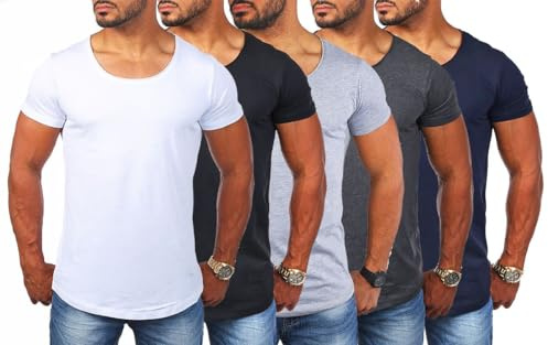 Young & Rich Herren Uni T-Shirt mit tiefem Rundhals Ausschnitt einfarbig körperbetontes Basic Tee Vintage Look 1702, Grösse:L, Farbe:Weiß/Schwarz/Grau/Dunkelgrau/Dunkelblau (5er Pack)