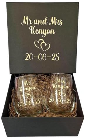 Personalised Mr and Mrs Glasses and Gift Box, Bride and Groom Stemless Wine Glass Tumbler Set, Wedding Day Gifts for The Couple, Anniversary Present,His and Hers, Date and Surname