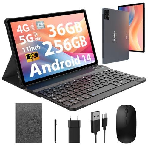 BEYNIVAN Tablet 11 Pollici Android 14 Tablet,Doppio SIM 4G LTE+5G WiFi,Octa-Core 2.0Ghz,2000x1200 FHD/36GB RAM+128GB ROM/9580mAh/Face Unlock/OTG/GPS-Tablets in Offerta con Tastiera e Mouse,Grigio