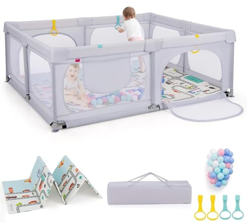 FANTASK Laufstall Baby faltbar mit Matratze 189 x 158 cm, Laufgitter mit 50 Spielbällen & 4 Griffe (Hellgrau)