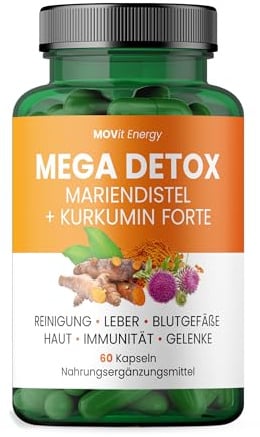 MOVit Mega Detox Mariendistel + Curcumin FORTE, Mit 200 mg Silymarin & 300 mg Curcumin, Angereichert mit Piperin, Für Leberfunktion, Entgiftung & Immunsystem - 60 vegane Kapseln