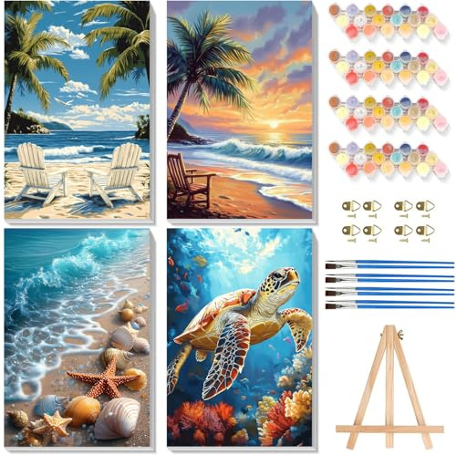 4 Stück Strand Malen nach Zahlen Erwachsene mit Rahmen - Holzstaffelei | Strand Malen nach Zahlen auf Leinwand, DIY Meeresschildkröte Acryl Ölmalerei Kits mit Pinseln für Home Wall Decor, 20x30 cm