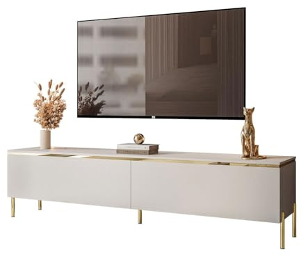 Lookway TV-Schrank Aurora Kaschmir Matt 180 cm Hängeschrank Oder Auf Füßen Gold Dekorative Leiste Mit LED-Option Modernes Wohnzimmermöbel (mit LED Beleuchtung, Stehend-gerade Gold Chrom Beine)
