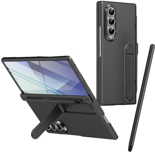 Custodia con supporto per Samsung Z Fold 4, Pellicola protettiva, Protezione Cerniera, Portapenne, Cover con pieghevole supporto per Samsung Galaxy Z Fold4 e penna stilo-Grigio