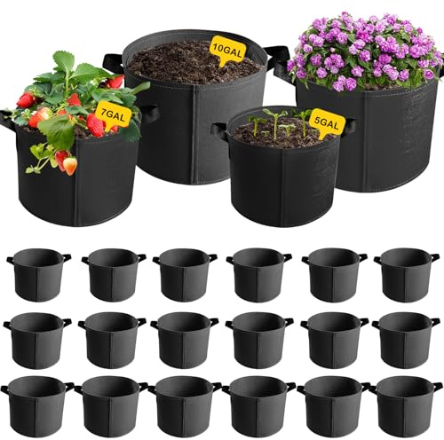 YZNlife 18-Pack 5 Gallon 7 Gallon 10 Gallon Heavy Duty Thickened Nonwoven Fabric Pots Potato Grow Bags with Handles,Black