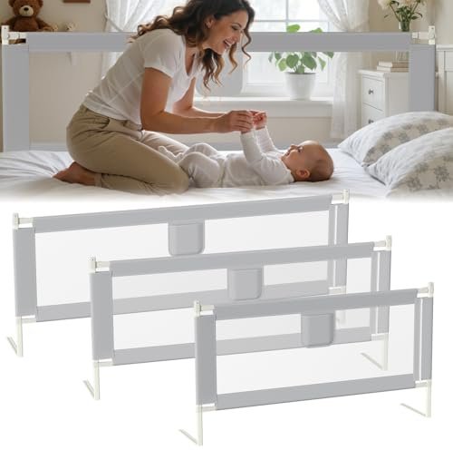 Jopassy Bettgitter Rausfallschutz Bett 200cm, Bettschutzgitter höhenverstellbar 64-96 cm für Babys und Kinder, mit Doppelknopfschalter, Einfache Montage, Grau