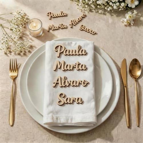 Marcasitios de Madera Personalizados con Nombres Tarjetas de Asiento Reutilizables para Mesa de Boda Bautizo y Comunión Decoración Hogar y Regalos Recuerdo Letras Grabadas Fabricado en España