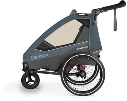 Qeridoo Fahrradanhänger Sportrex 1 Limited Edition Jeans Blue, faltbar, mit 360 Grad drehbaren, luftgefüllten Buggyrad und patentierten Kopfprotektoren, für 2 Kinder