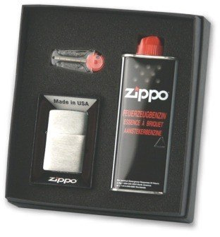 ZIPPO Geschenk-Set Feuerzeugzg.Chrom Geb. incl. 1 FL. Benzin + 6 Feuersteinen