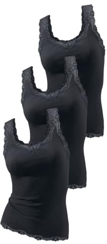 H.I.S Damen Achseltops, (3-Stck.) | Tops mit Spitze, Weich, elastisch & formstabil, Spitzen-Details an Ausschnitt, Trägern und Saum, 100% reine Baumwolle