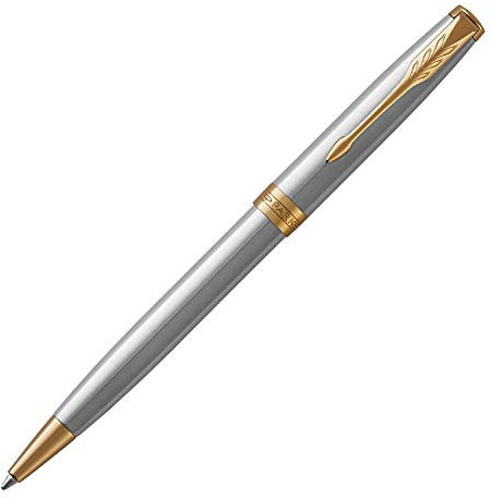 PARKER Sonnet Kugelschreiber, Edelstahlschaft, GoldZierteile, Mittlere schwarze Ersatzmine - Geschenkset + braunes Lederetui