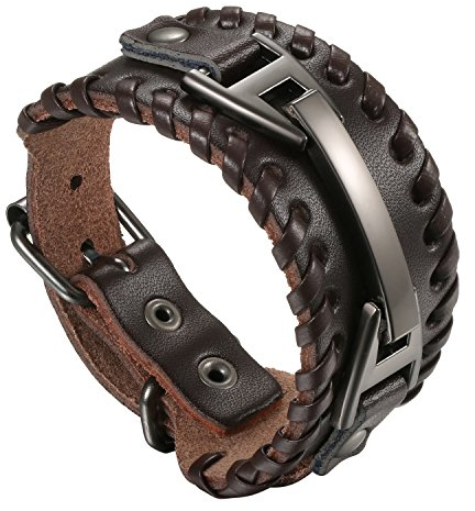 Flongo Lederarmband Männer Groß Armband Herren Armreif, Leder Armband Armreif Manschette Braun Metall Verstellbar Motorradfahrer Biker Herren-Accessoires