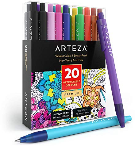 ARTEZA Gelstifte, 20 Kugelschreiber mit Geltinte, Druckgelschreiber in verschiedenen Farben, hochwertige Gelroller mit 0.7 mm Stiftspitze, Tintenroller für Bürobedarf, 1 Stück (20er Pack)