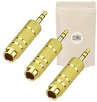 3x Adattatore da spina minijack 3,5mm maschio a presa jack grosso 6,35mm femmina - Connettore stereo in metallo placcato oro - per auricolari casco audio HiFi - Adaptout marca francese