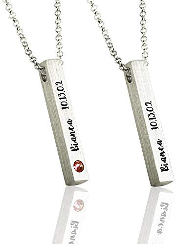 Grancey 3D Bar Necklace Personalised with Birthstone and 4 Names in 925 Sterling Silver Rose Gold Plating—Engraved Vertical Bar Necklace for Women Mother Girl