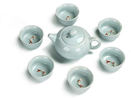SijiHua Tea Cup Ceramic Tea Set Business Gifts (7-Piece Set) Teapot 225ml Teacup 55ml Blue Porcelain Blue Fish Cup a Pot of six Cups