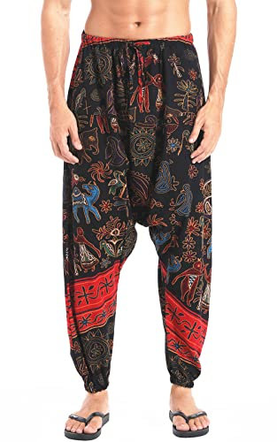 CLANMILUMS Men Women Harem Pants Elastic Drawstring Waist Loose Fit Hippie Boho Aladin Yoga Pants, Red, M