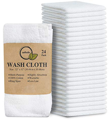 Softolle 100% Cotton Washcloths 24 Pack (12x12 Inches) Soft, Highly Absorbent Washcloth, Face Towels, Wash Cloths for Face, Ring Spun, Bulk Pack (White)
