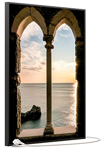 STEINFELD Bild Infrarotheizung mit Thermostat | Made in Germany | viele Motive 350-1200 Watt Rahmen schwarz (500 Watt, 016h Fenster)