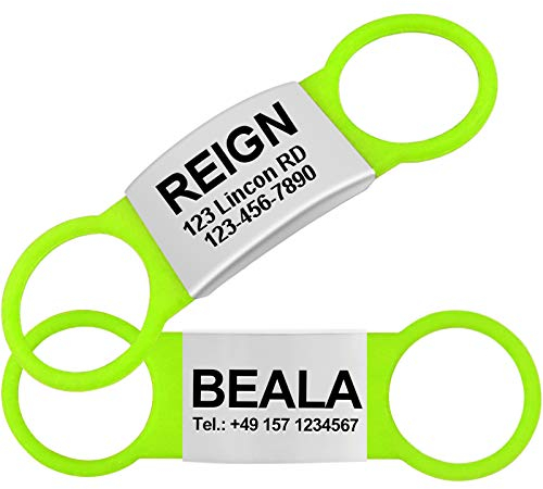 TagME 2 Paquete Etiquetas de Identificación de Acero Inoxidable Para Perros y Gatos/Placa de Identificación Silenciosa Grabada con Nombre y Número de Teléfono, Verde, L
