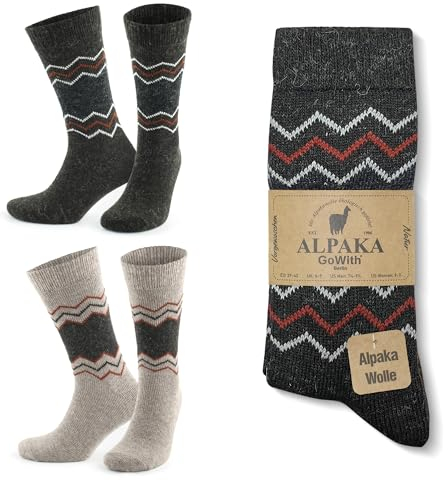 GoWith Alpaca Wool Socks for Men and Women, 2 Pairs, Thermal Socks for Hiking and Camping, Fine-Knitted, Thick, Merino Wool Boot Socks, Warm, Beige Brown Grey Dark Grey, UK Size 3-5, 6-8, 9-11