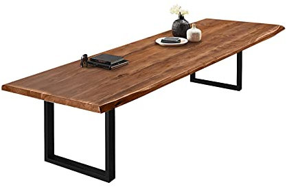 SAM Esszimmertisch 300x110 cm Valin, Akazienholz nussbaumfarben & massiv, Baumkantentisch mit U -Gestell aus Metall Mattschwarz, echte Baumkante, Platte 50mm