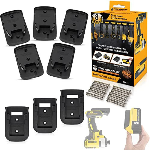 Tool Wrangler Organization for Dewalt 20V Tools & Batteries - Black 8pc Combo 5+3 = 5 Dewalt Tool Holder + 3 Dewalt Battery Holder | Made in N. America Screws Included | Strongest Dewalt Tool Mount