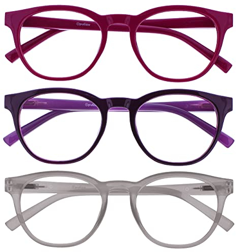 OPULIZE Blu-Brille Blaulichtfilter 3er Pack Cool Rund Rahmen Federscharniere Verbessern Den Schlaf Computerbrille Gaming Entspiegelt Rosa Lila Eis Herren Damen BBB5-45C +0.00