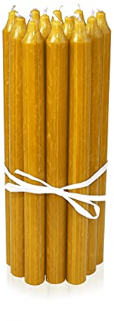 LUMELY dänische Premium Stabkerzen Gold Gelb Curry, 12er Pack, Höhe 29cm, Ø 2,2cm, Brenndauer ca. 14 Stunden, zylindrische Leuchterkerzen, Deko Kerzen Set, Kerzen Skandinavisch